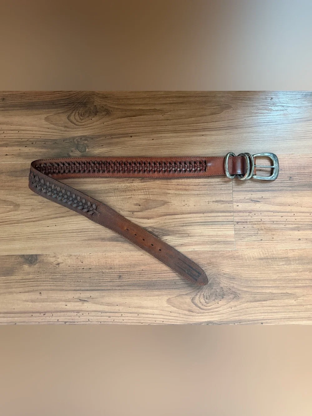 unisex Brown Leather braided Belt with Silver Buckle
